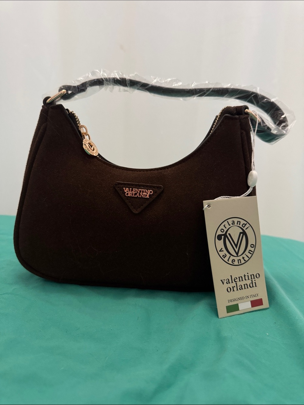 Valentino Orlandi Dark Brown Crescent Shoulder Bag with Gold Accents